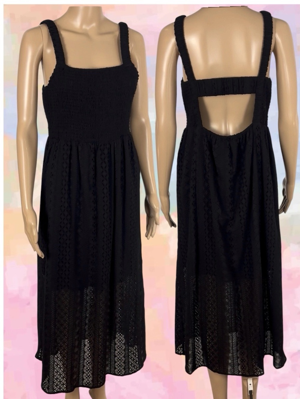 SALTWATER LUXE Blk Elasticized Straps/Upper, Semi-Lined Dress, Patterned Cutouts